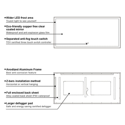 72 in. W x 36 in. H Rectangular Framed LED Light Wall Vertical/Horizontal Bathroom Vanity Mirror in Alumi