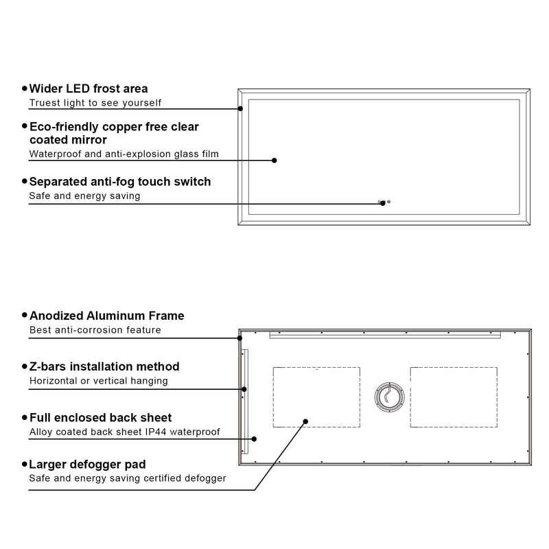 72 in. W x 36 in. H Large Rectangular Framed LED Light Anti-Fog Wall Bathroom Vanity Mirror in Black