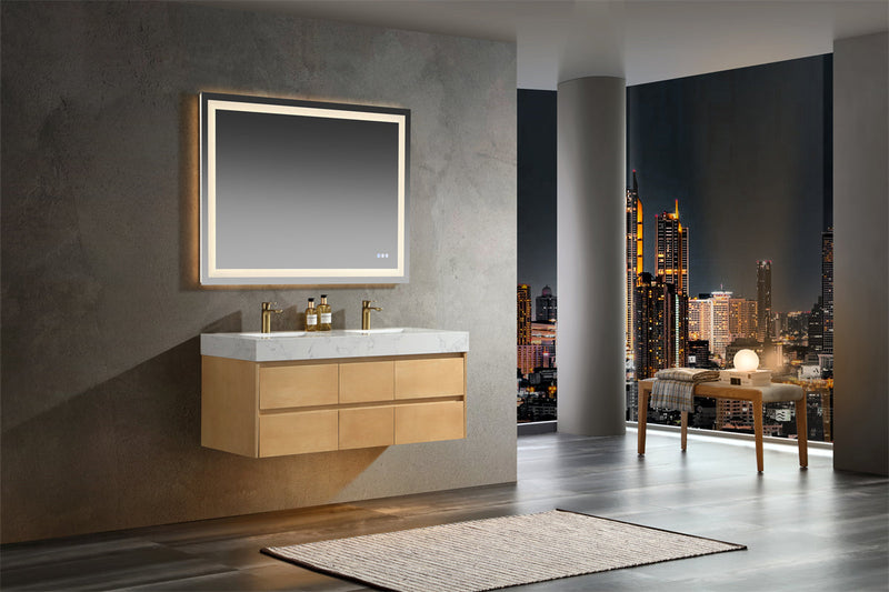 48 inch Modern Floating Maple Wood Bathroom Vanity Cabinet with LED Light and Double Basin