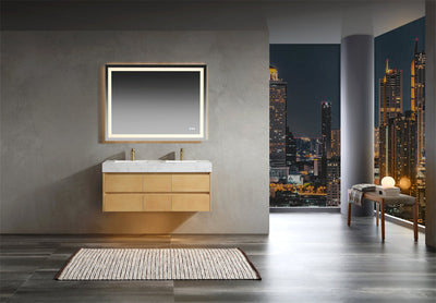 48 inch Modern Floating Maple Wood Bathroom Vanity Cabinet with LED Light and Double Basin