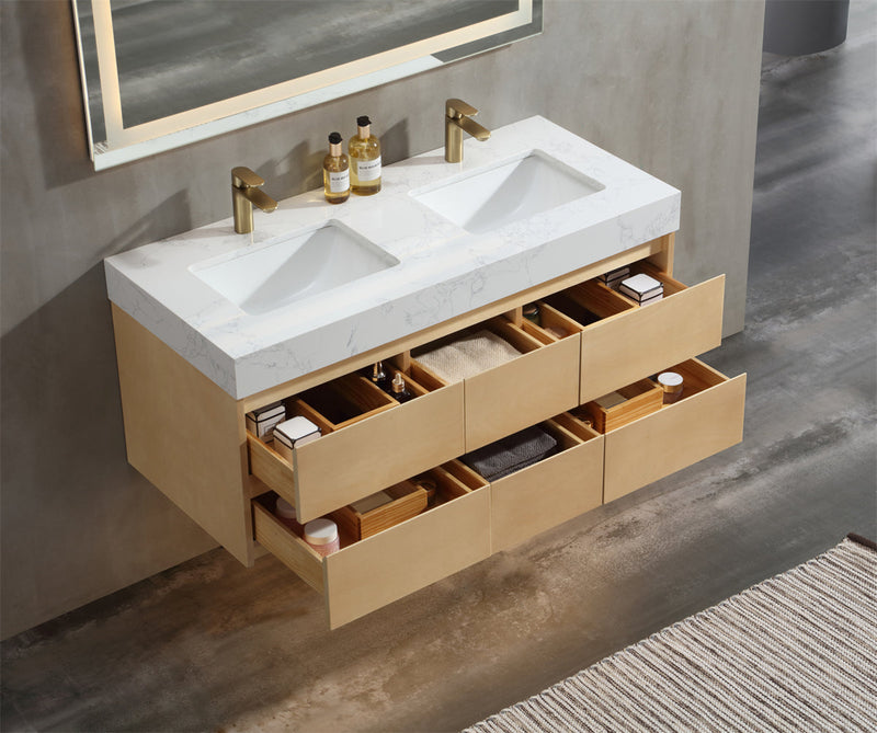 48 inch Modern Floating Maple Wood Bathroom Vanity Cabinet with LED Light and Double Basin