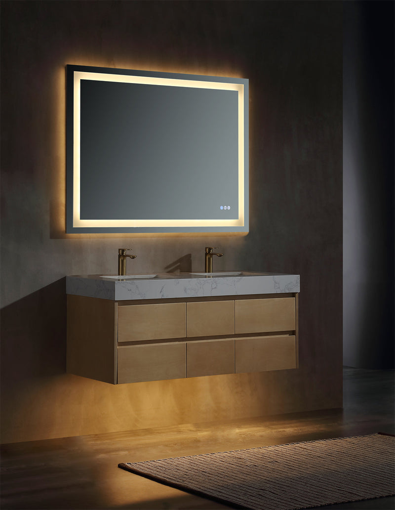 48 inch Modern Floating Maple Wood Bathroom Vanity Cabinet with LED Light and Double Basin