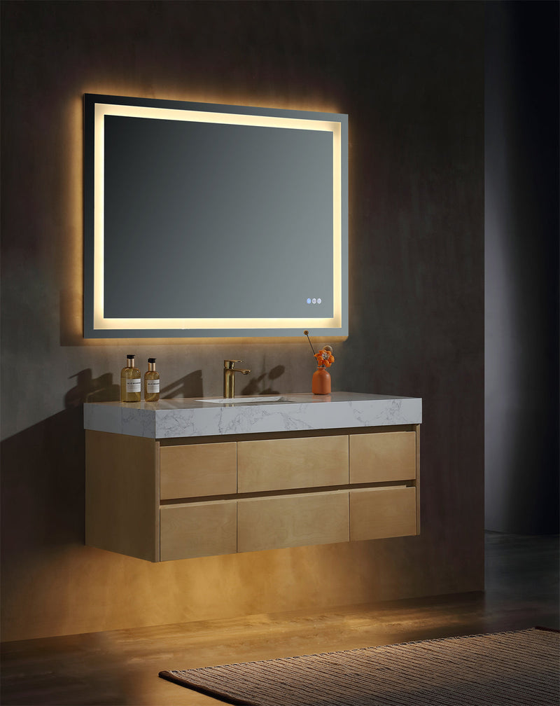 48 inch Modern Floating Maple Wood Bathroom Vanity Cabinet with LED Light and Stone Slab Countertop