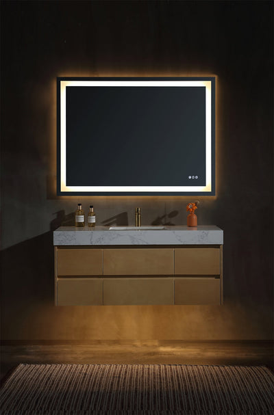 48 inch Modern Floating Maple Wood Bathroom Vanity Cabinet with LED Light and Stone Slab Countertop