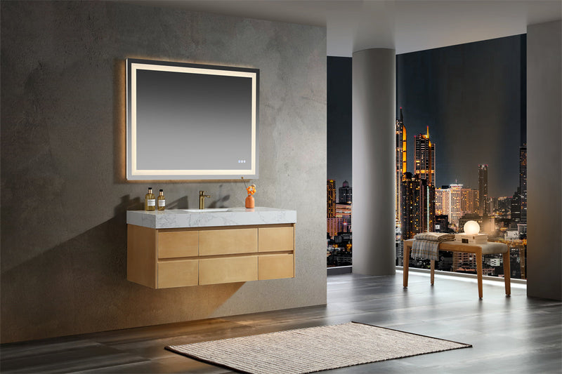 48 inch Modern Floating Maple Wood Bathroom Vanity Cabinet with LED Light and Stone Slab Countertop