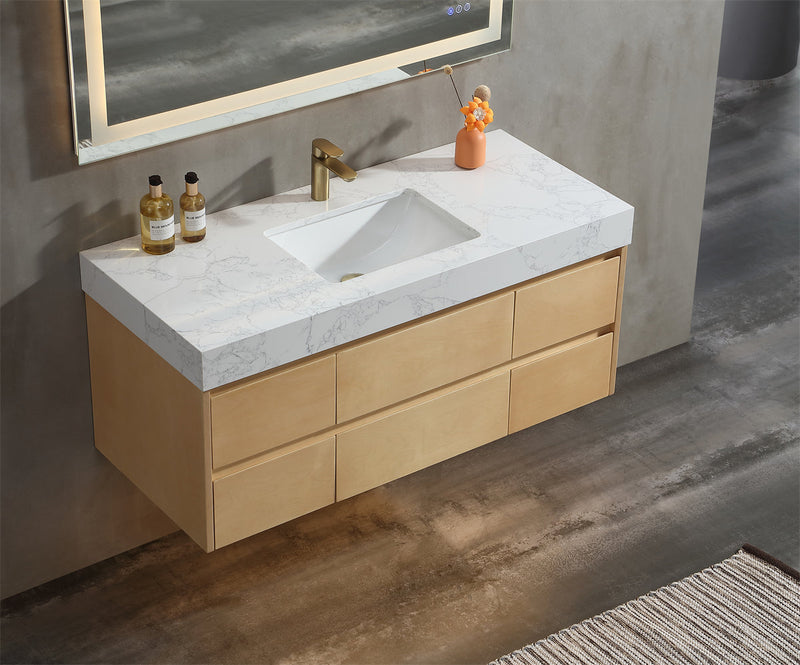 48 inch Modern Floating Maple Wood Bathroom Vanity Cabinet with LED Light and Stone Slab Countertop