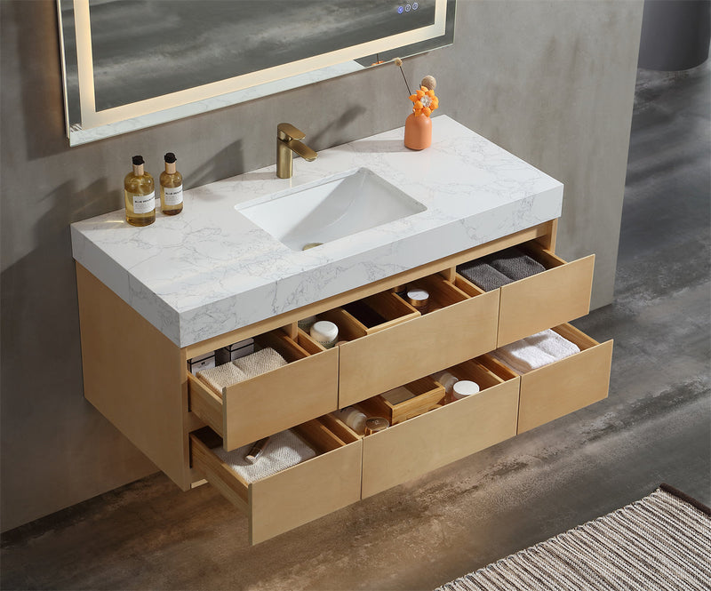 48 inch Modern Floating Maple Wood Bathroom Vanity Cabinet with LED Light and Stone Slab Countertop