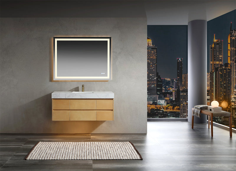 48 inch Modern Floating Maple Wood Bathroom Vanity Cabinet with LED Light and Stone Slab Countertop