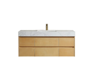 48 inch Modern Floating Maple Wood Bathroom Vanity Cabinet with LED Light and Stone Slab Countertop