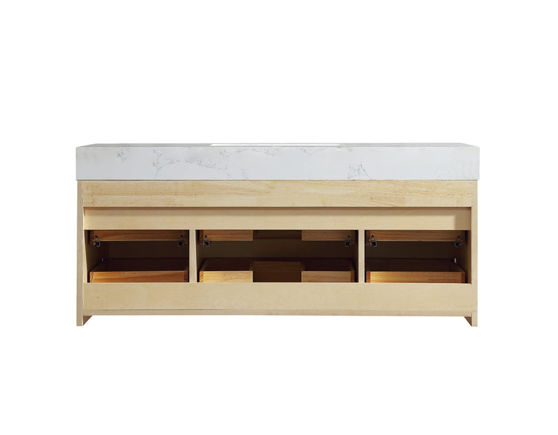 48 inch Modern Floating Maple Wood Bathroom Vanity Cabinet with LED Light and Stone Slab Countertop