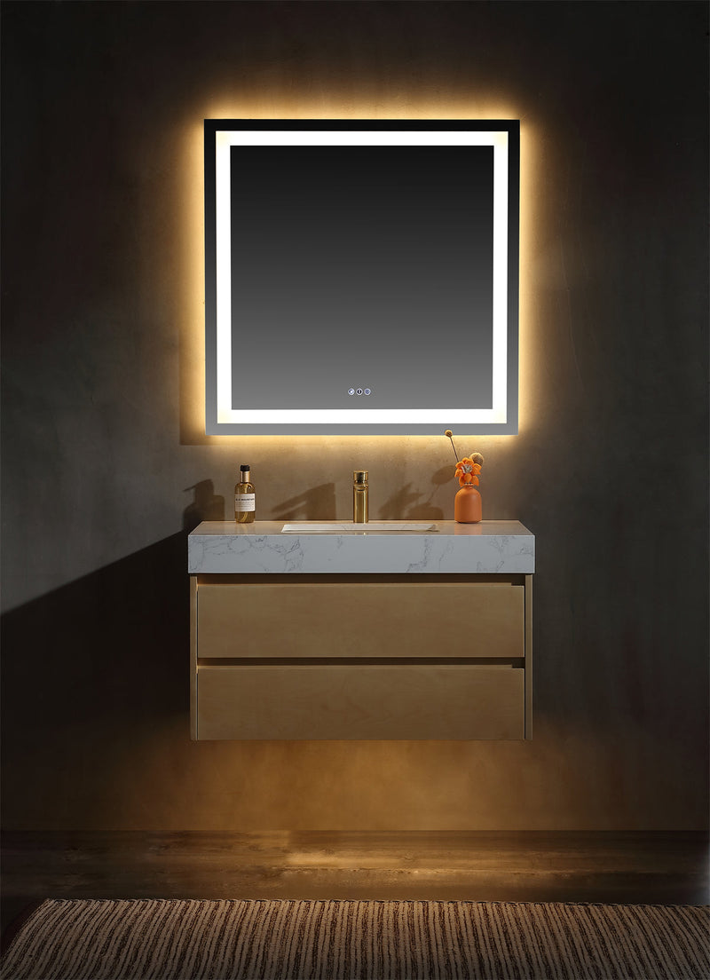 36 inch Modern Floating Maple Wood Bathroom Vanity Cabinet with LED Light and Stone Slab Countertop