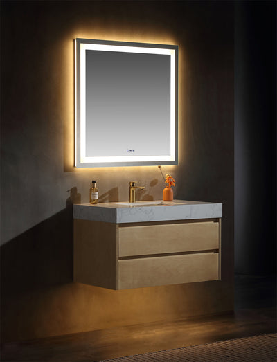 36 inch Modern Floating Maple Wood Bathroom Vanity Cabinet with LED Light and Stone Slab Countertop