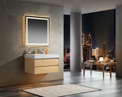 36 inch Modern Floating Maple Wood Bathroom Vanity Cabinet with LED Light and Stone Slab Countertop