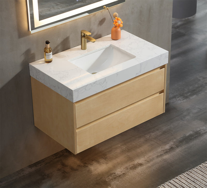 36 inch Modern Floating Maple Wood Bathroom Vanity Cabinet with LED Light and Stone Slab Countertop