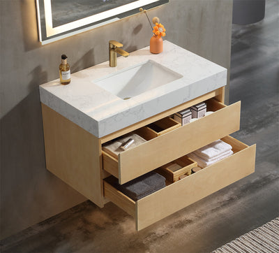 36 inch Modern Floating Maple Wood Bathroom Vanity Cabinet with LED Light and Stone Slab Countertop