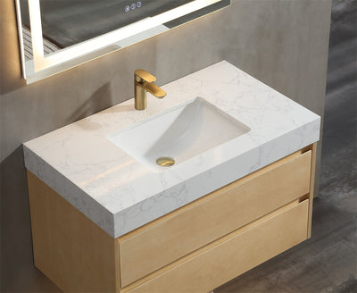 36 inch Modern Floating Maple Wood Bathroom Vanity Cabinet with LED Light and Stone Slab Countertop