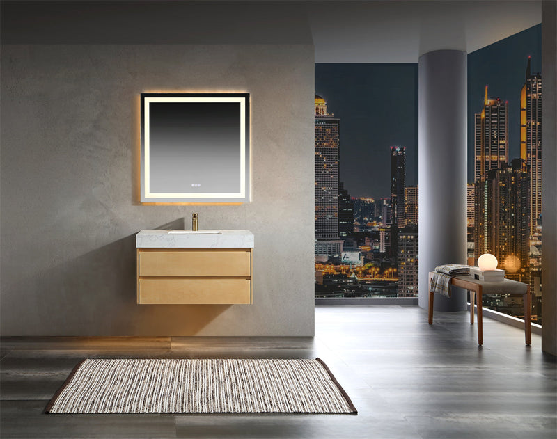 36 inch Modern Floating Maple Wood Bathroom Vanity Cabinet with LED Light and Stone Slab Countertop