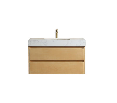 36 inch Modern Floating Maple Wood Bathroom Vanity Cabinet with LED Light and Stone Slab Countertop