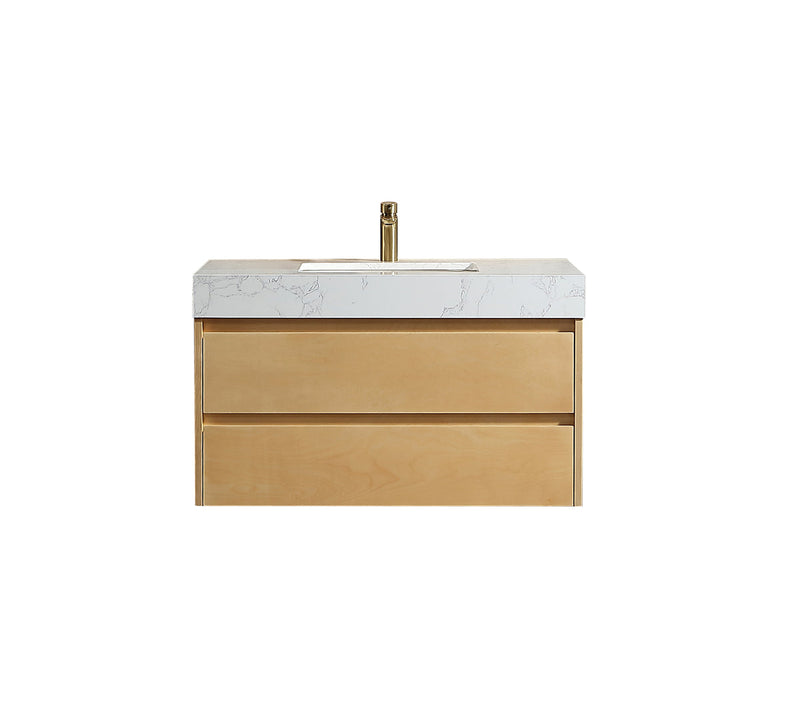 36 inch Modern Floating Maple Wood Bathroom Vanity Cabinet with LED Light and Stone Slab Countertop