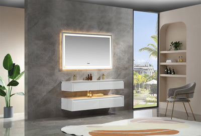 60 in. Floating Bathroom Vanity Set in White with Lights and White Marble Countertop with Double Basin