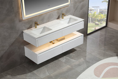 60 in. Floating Bathroom Vanity Set in White with Lights and White Marble Countertop with Double Basin