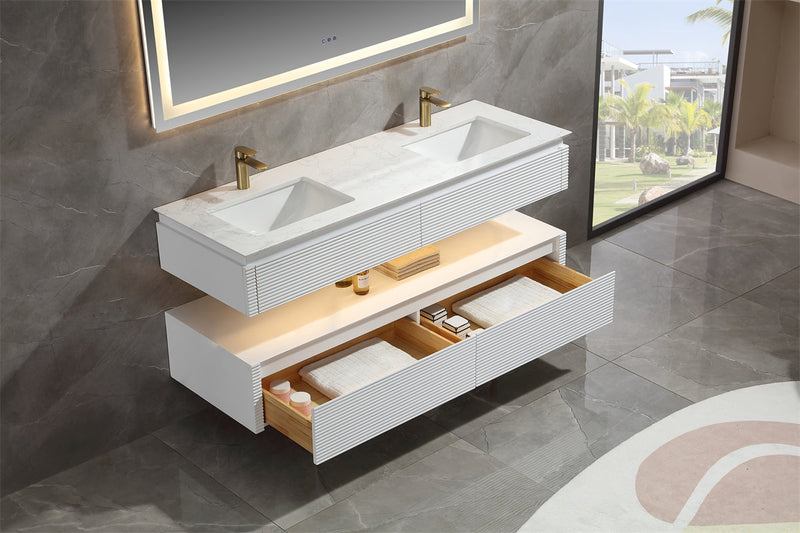 60 in. Floating Bathroom Vanity Set in White with Lights and White Marble Countertop with Double Basin