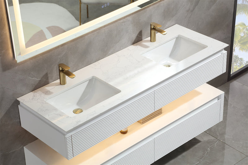 60 in. Floating Bathroom Vanity Set in White with Lights and White Marble Countertop with Double Basin