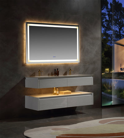 60 in. Floating Bathroom Vanity Set in White with Lights and White Marble Countertop with Double Basin