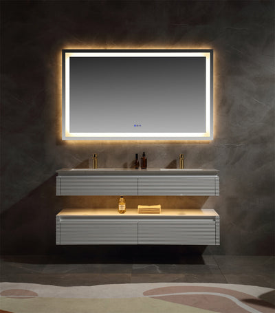 60 in. Floating Bathroom Vanity Set in White with Lights and White Marble Countertop with Double Basin