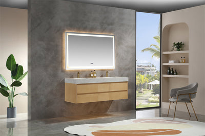 60 inch Modern Floating Maple Wood Bathroom Vanity Cabinet with LED Light and Double Basin