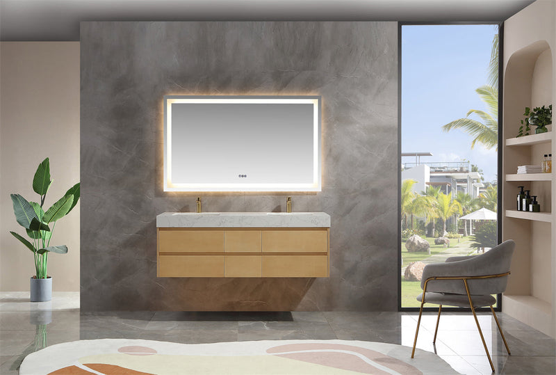 60 inch Modern Floating Maple Wood Bathroom Vanity Cabinet with LED Light and Double Basin