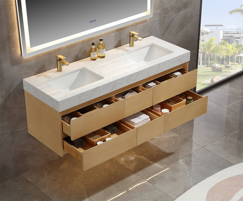 60 inch Modern Floating Maple Wood Bathroom Vanity Cabinet with LED Light and Double Basin