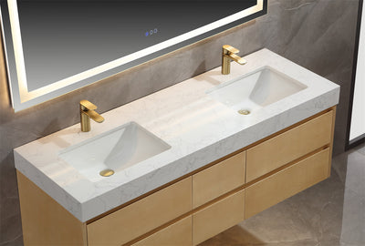 60 inch Modern Floating Maple Wood Bathroom Vanity Cabinet with LED Light and Double Basin