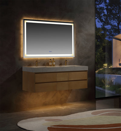 60 inch Modern Floating Maple Wood Bathroom Vanity Cabinet with LED Light and Double Basin