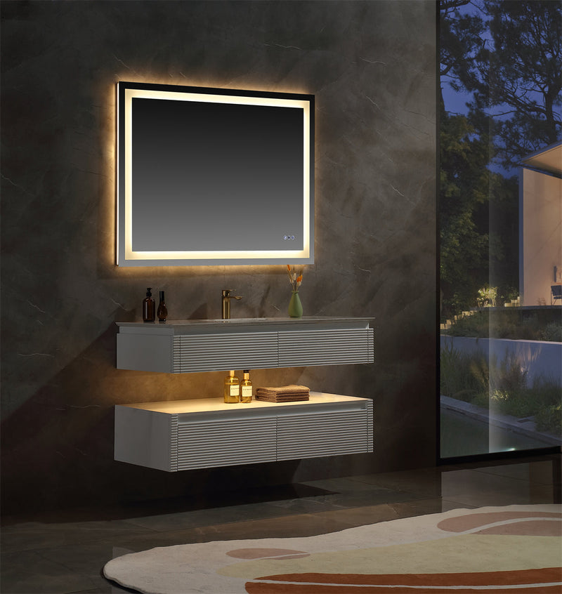 48 in. Floating Bathroom Vanity Set in White with Lights and White Marble Countertop