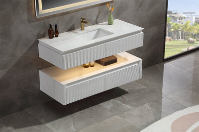 48 in. Floating Bathroom Vanity Set in White with Lights and White Marble Countertop