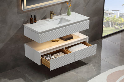 48 in. Floating Bathroom Vanity Set in White with Lights and White Marble Countertop