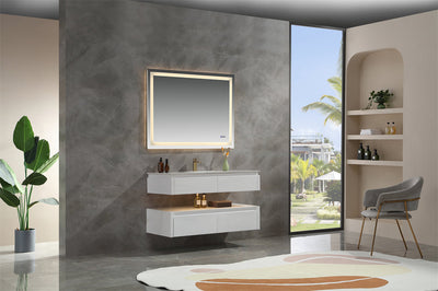 48 in. Floating Bathroom Vanity Set in White with Lights and White Marble Countertop