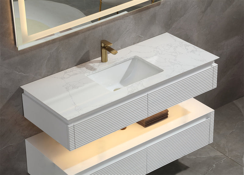 48 in. Floating Bathroom Vanity Set in White with Lights and White Marble Countertop