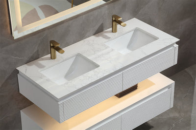 48 in. Floating Bathroom Vanity Set in White with Lights and White Marble Countertop with Double Basin