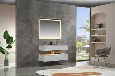 48 in. Floating Bathroom Vanity Set in White with Lights and White Marble Countertop with Double Basin