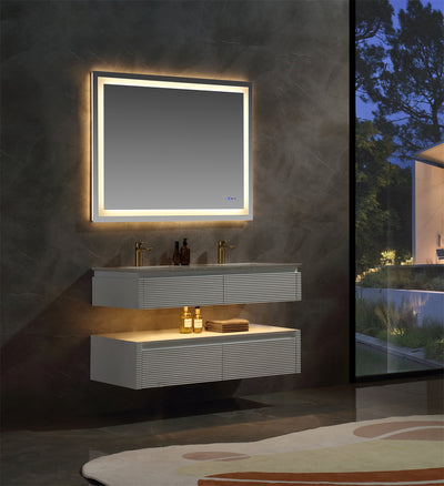 48 in. Floating Bathroom Vanity Set in White with Lights and White Marble Countertop with Double Basin