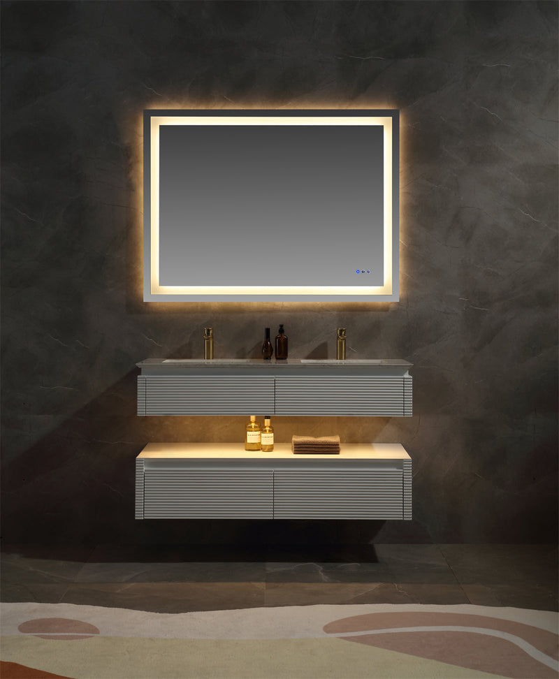 48 in. Floating Bathroom Vanity Set in White with Lights and White Marble Countertop with Double Basin