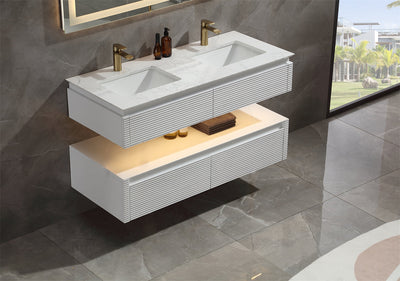 48 in. Floating Bathroom Vanity Set in White with Lights and White Marble Countertop with Double Basin