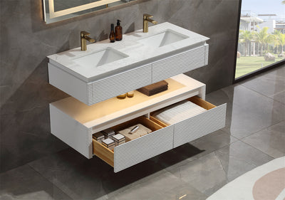 48 in. Floating Bathroom Vanity Set in White with Lights and White Marble Countertop with Double Basin