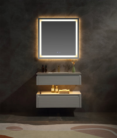 36 in. Floating Bathroom Vanity Set in White with Lights and White Marble Countertop