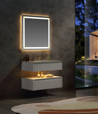 36 in. Floating Bathroom Vanity Set in White with Lights and White Marble Countertop