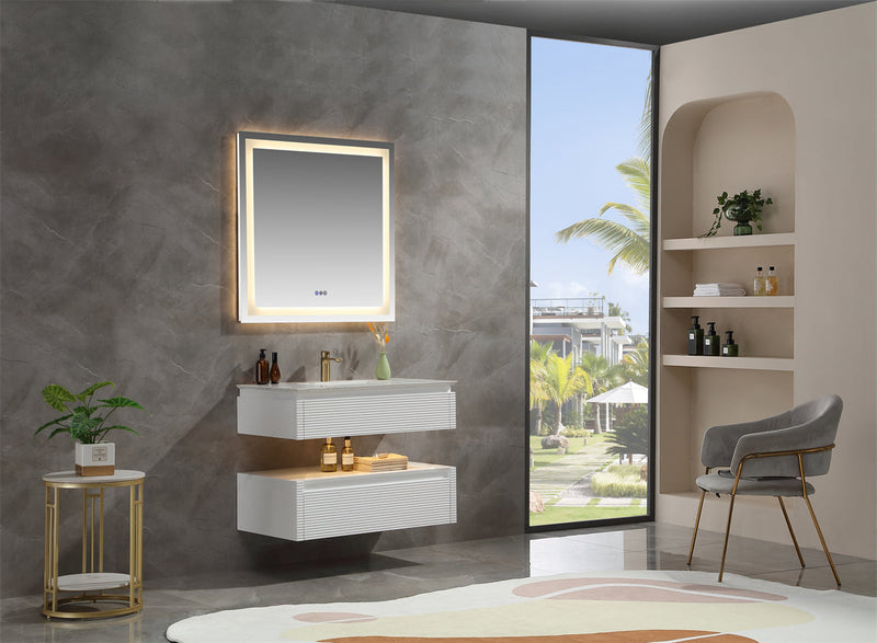 36 in. Floating Bathroom Vanity Set in White with Lights and White Marble Countertop