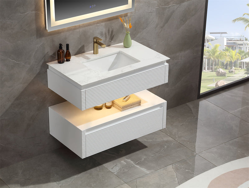 36 in. Floating Bathroom Vanity Set in White with Lights and White Marble Countertop