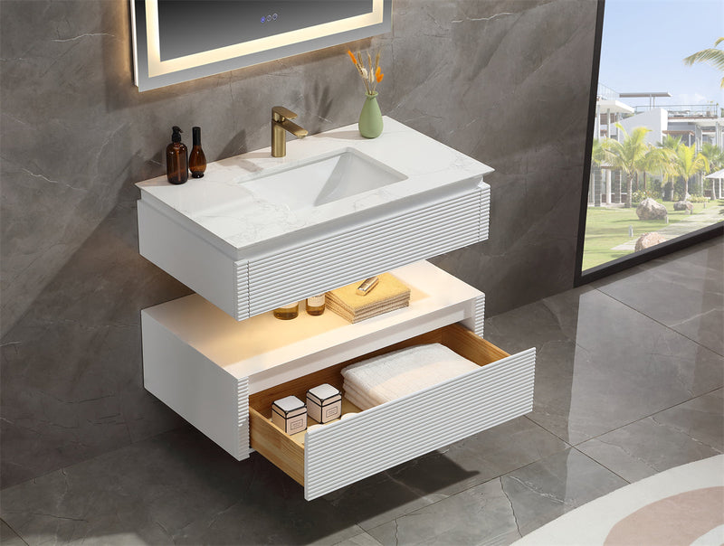 36 in. Floating Bathroom Vanity Set in White with Lights and White Marble Countertop